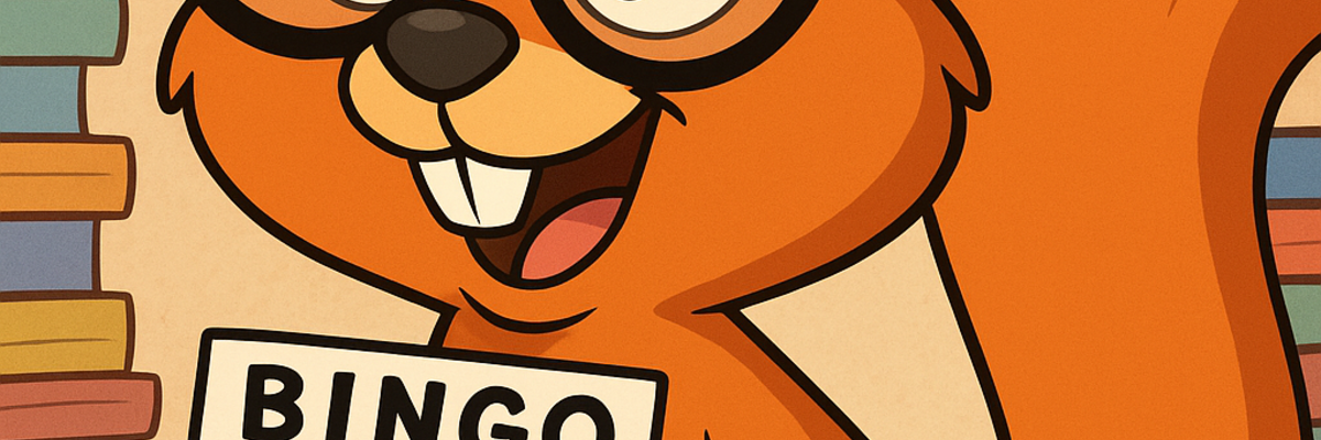 Das Toni-Maskottchen der Stadtbücherei hält eine Bingo-Karte in den Händen