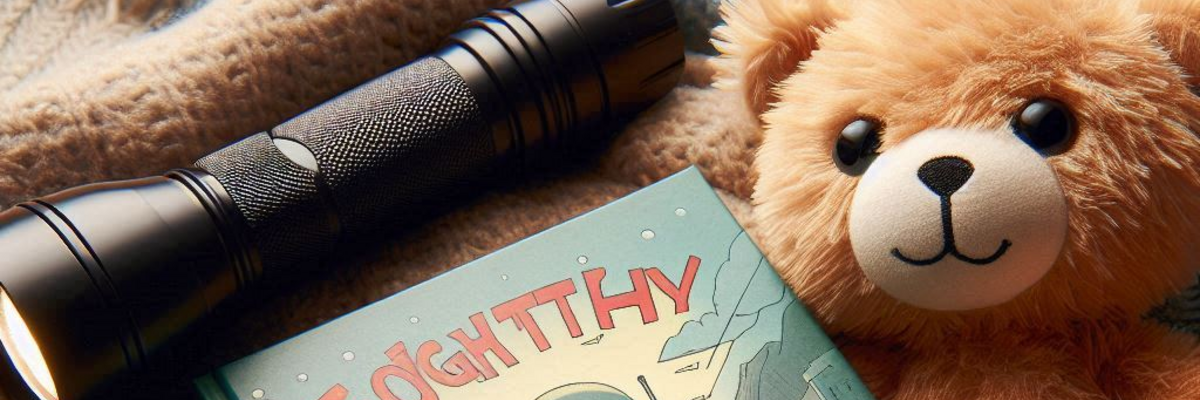 Ein Foto von einem Teddybären mit einer Taschenlampe und einem Buch.