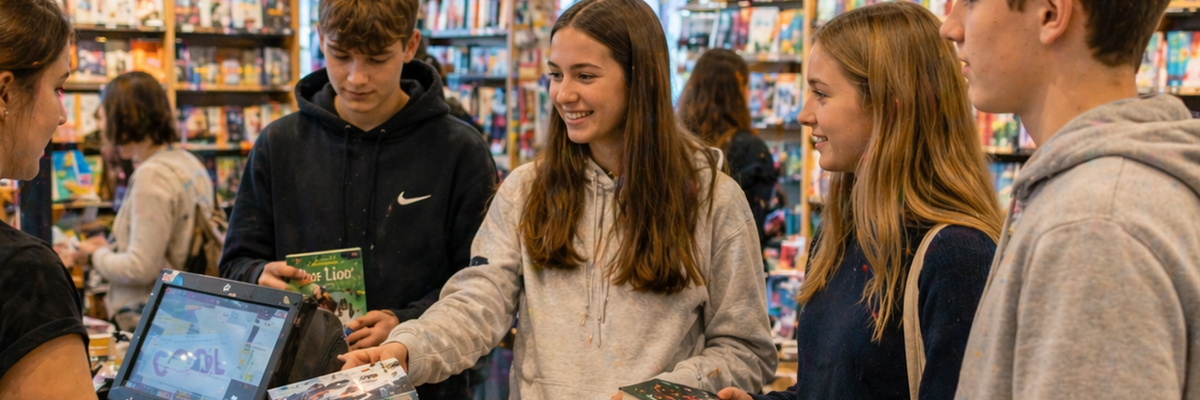 Ein paar Jugendliche kaufen ein Buch in einer Buchhandlung