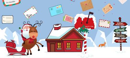 Illustration einer Nordpollandschaft mit Weihnachtsmann und Post