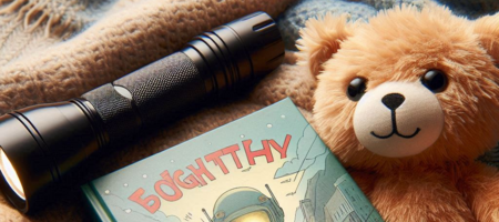 Ein Foto von einem Teddybären mit einer Taschenlampe und einem Buch.