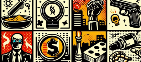 Mehrere kleine gezeichnete Bilder, auf denen z.B. eine Pistole, eine erhobene Faust und das Dollarzeichen zu sehen sind.