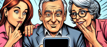 Drei Menschen schauen auf einen E-Book-Reader. Das Bild ist eine Zeichnung.