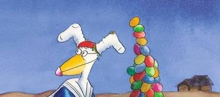 Ein Huhn mit Hasenohren schiebt einen riesigen Berg bunter Eier in einer Schubkarre