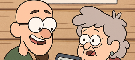 Ein Mann zeigt einer älteren Dame einen E-Reader