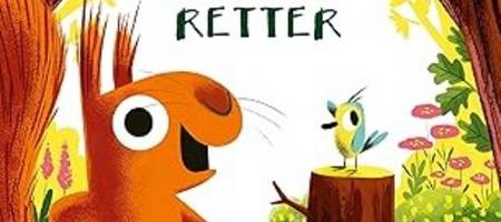 Ein Vogel auf einem Baumstamm steht einem Eichhörnchen gegenüber