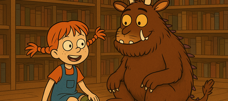 Pippi Langstrumpf sitzt neben dem Grüffelo vor einem Bücherregal