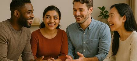 Vier Menschen unterhalten sich an einem Tisch