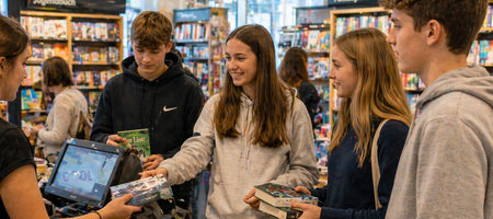 Ein paar Jugendliche kaufen ein Buch in einer Buchhandlung