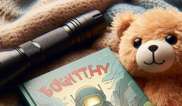 Ein Foto von einem Teddybären mit einer Taschenlampe und einem Buch.