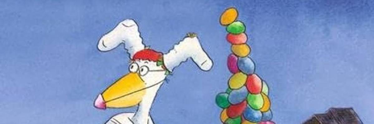 Ein Huhn mit Hasenohren schiebt einen riesigen Berg bunter Eier in einer Schubkarre