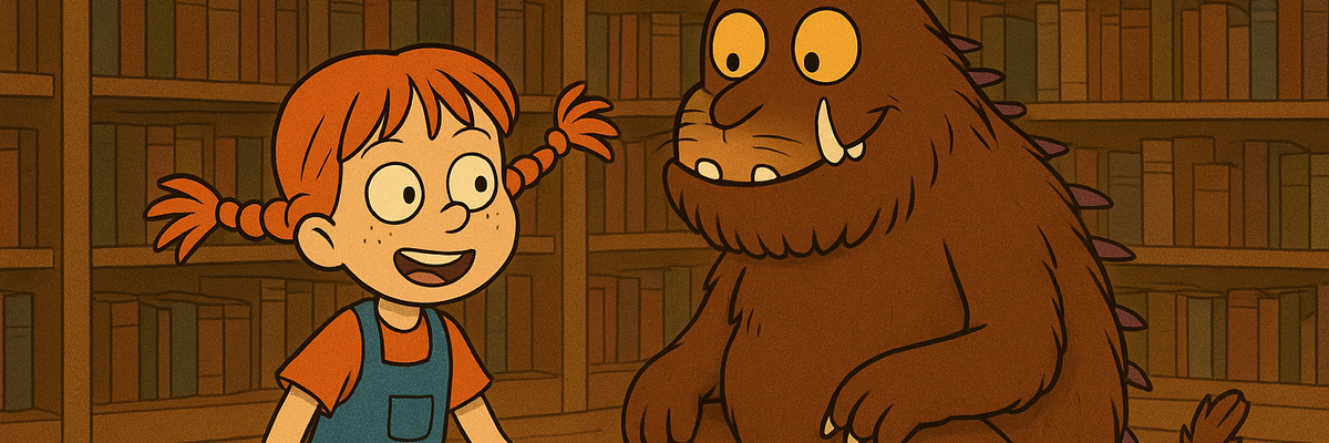 Pippi Langstrumpf sitzt neben dem Grüffelo vor einem Bücherregal