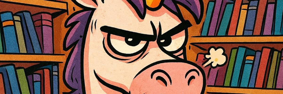 Ein schlecht gelauntes Einhorn sitzt mit verschränkten Armen vor einem Buchregal