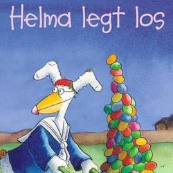 Ein Huhn mit Hasenohren schiebt einen riesigen Berg bunter Eier in einer Schubkarre