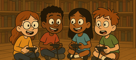 Vier Kinder sitzen um eine Spielkonsole herum