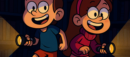 Zwei Kinder mit Taschenlampen im Dunkeln