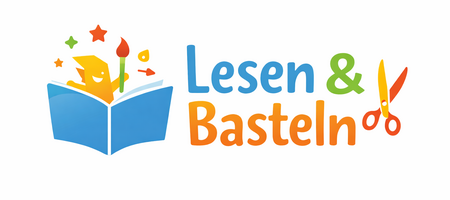 Der Schriftzug Lesen und Basteln, mit einem Buch und einer Schere