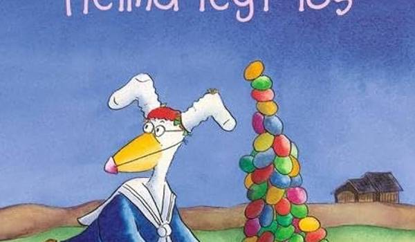 Ein Huhn mit Hasenohren schiebt einen riesigen Berg bunter Eier in einer Schubkarre