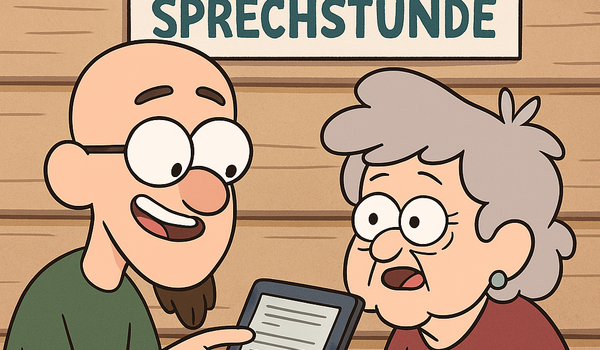 Ein Mann zeigt einer älteren Dame einen E-Reader