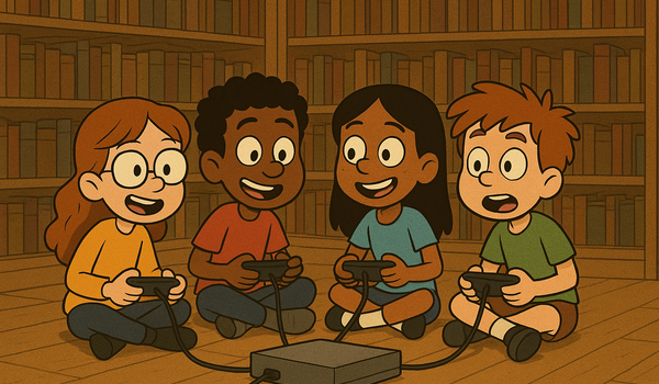 Vier Kinder sitzen um eine Spielkonsole herum