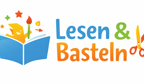 Der Schriftzug Lesen und Basteln, mit einem Buch und einer Schere
