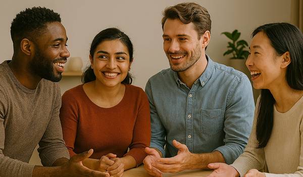 Vier Menschen unterhalten sich an einem Tisch