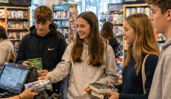 Ein paar Jugendliche kaufen ein Buch in einer Buchhandlung